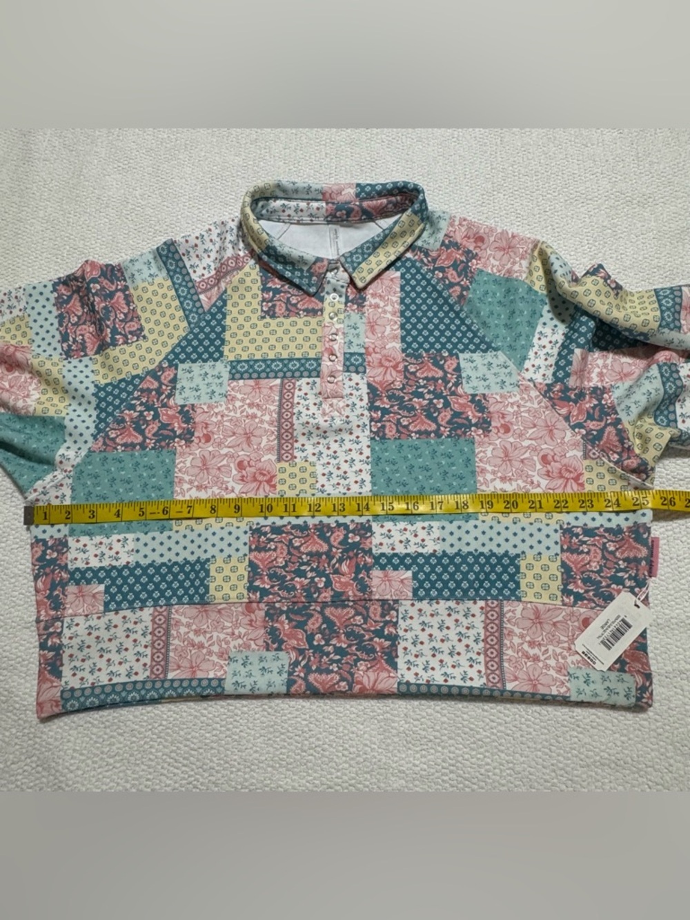 Simply Southern Women L Multi Patchwork Floral Print Slightly Cropped Polo Shirt - Picture 8 of 13